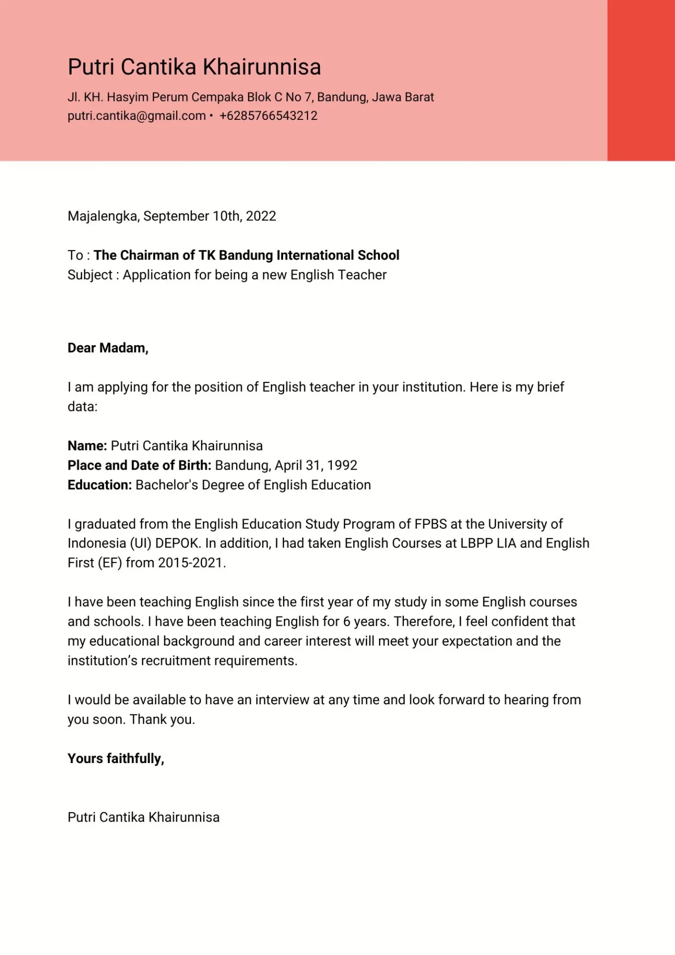 Contoh Cover Letter Guru TK dalam Bahasa Inggris bagi yang Sudah Berpengalaman