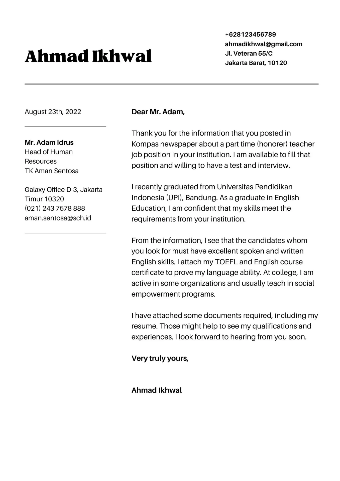 Contoh Cover Letter Guru TK Honorer (Part Time) dalam Bahasa Inggris