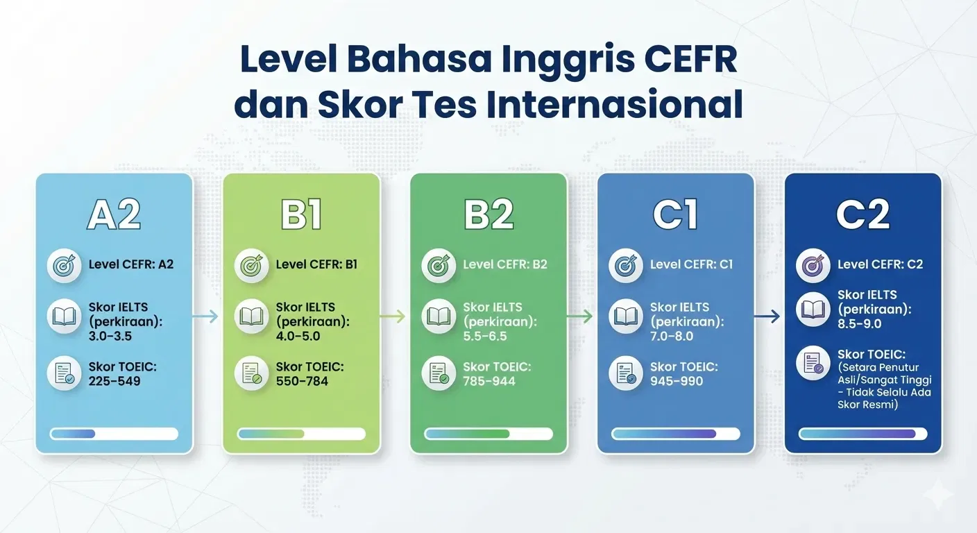 perbandingan level CEFR dengan skor IELTS dan TOEIC