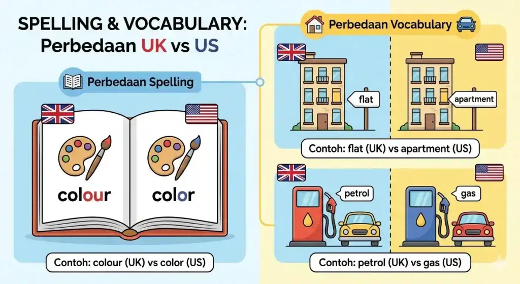 Contoh perbedaan ejaan dan kosakata American English dan British English