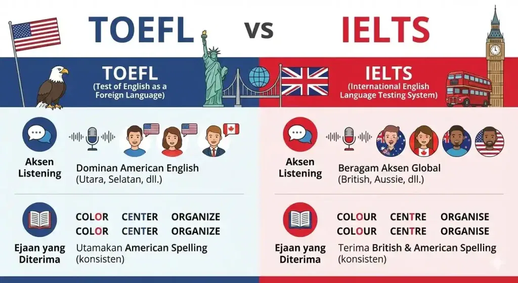 Perbedaan TOEFL dan IELTS berdasarkan American dan British English